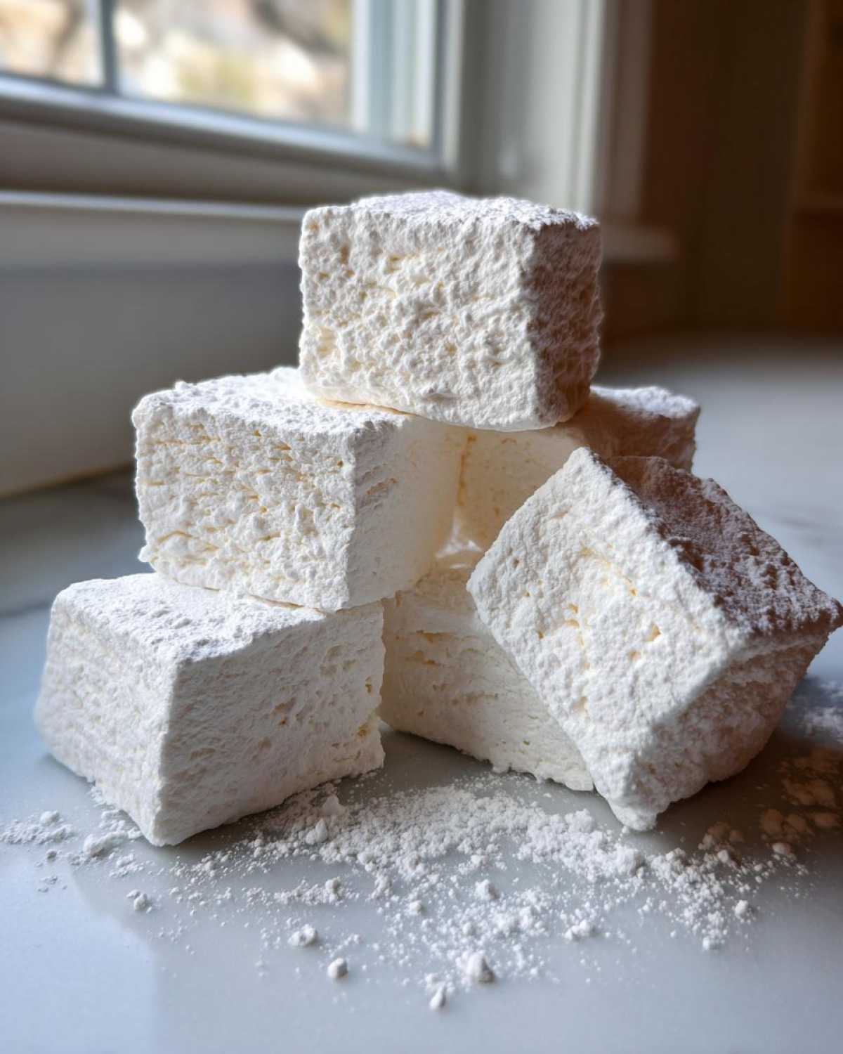 A stack of large, square homemade marshmallows generously dusted with white powdered sugar.