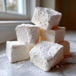 A stack of large, fluffy homemade marshmallows heavily dusted with powdered sugar on a marble surface.