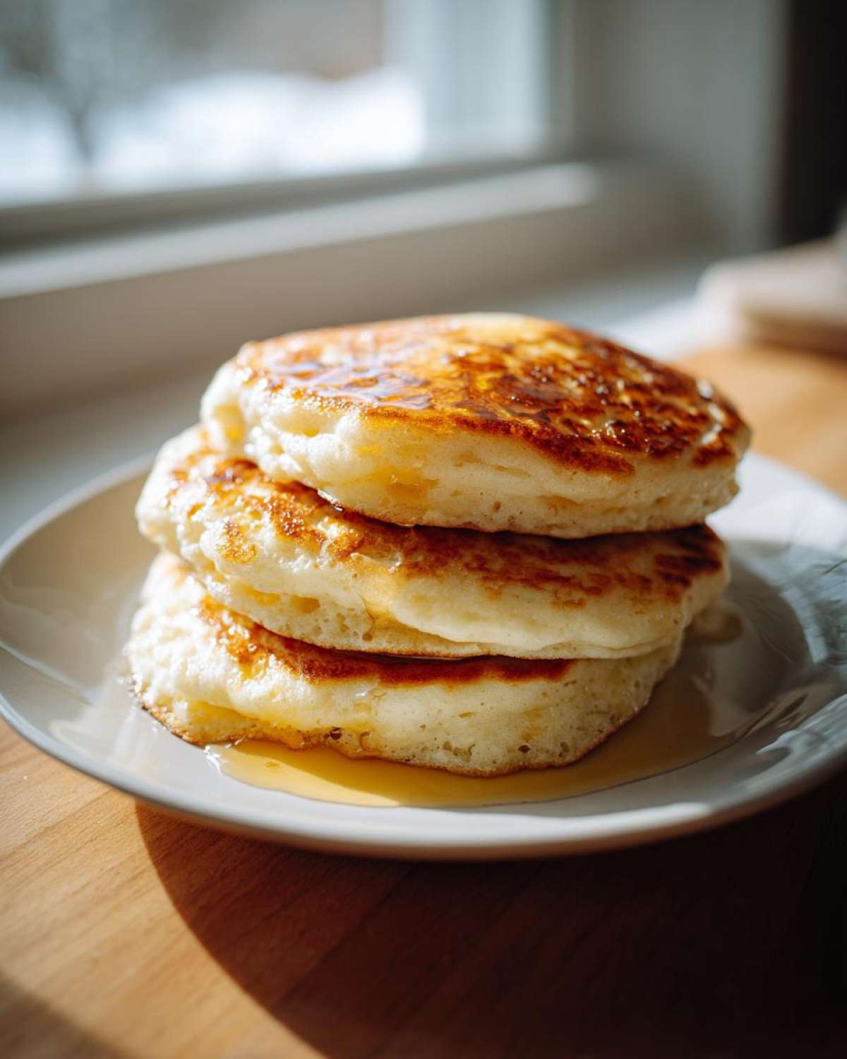 A tall stack of three fluffy sourdough discard pancakes drizzled with syrup, sitting on a light plate near a window.