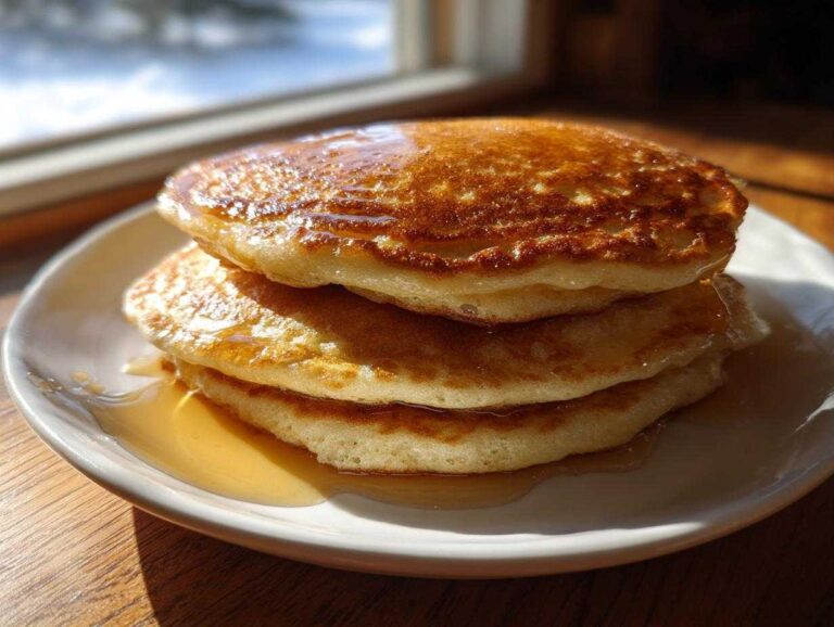 A stack of three fluffy sourdough discard pancakes drizzled generously with golden syrup.