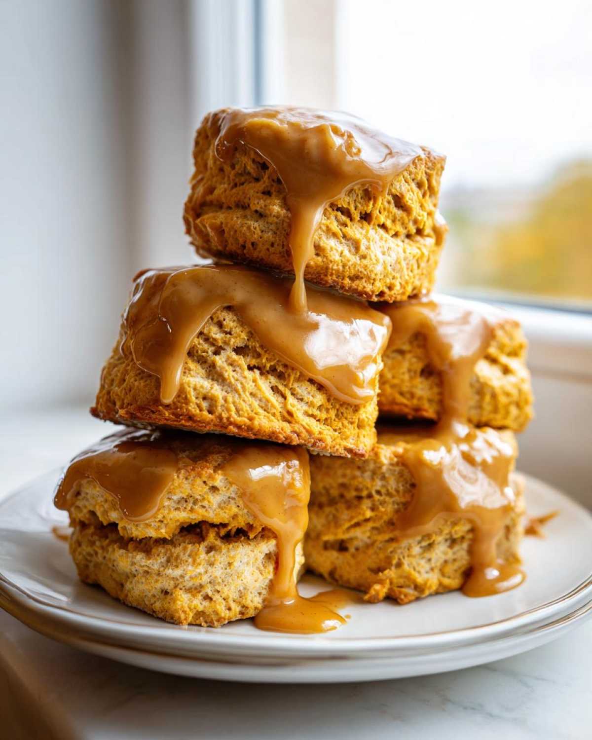 A stack of fluffy sweet potato biscuits generously drizzled with a thick caramel glaze, sitting on a white plate.