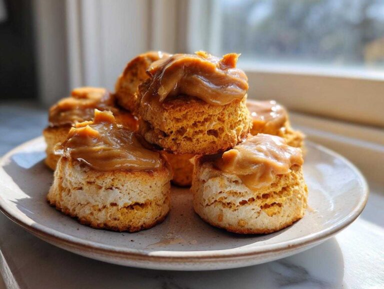 A stack of fluffy sweet potato biscuits topped generously with a thick, creamy caramel or dulce de leche topping.
