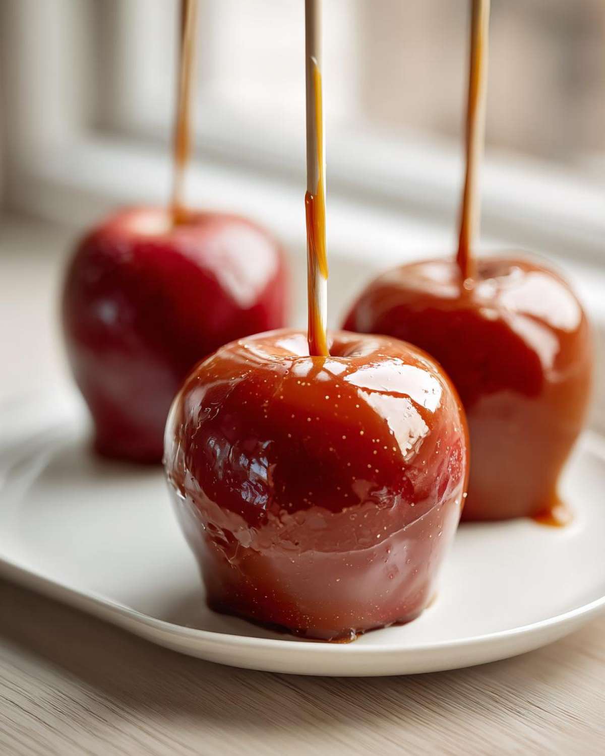Close-up of a glossy, freshly made caramel apple with a stick, showing the thick caramel coating.
