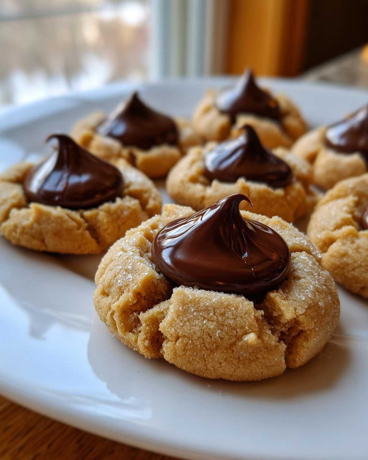 Close-up of several soft peanut butter blossoms cookies topped with a swirl of melted chocolate, resting on a white plate.