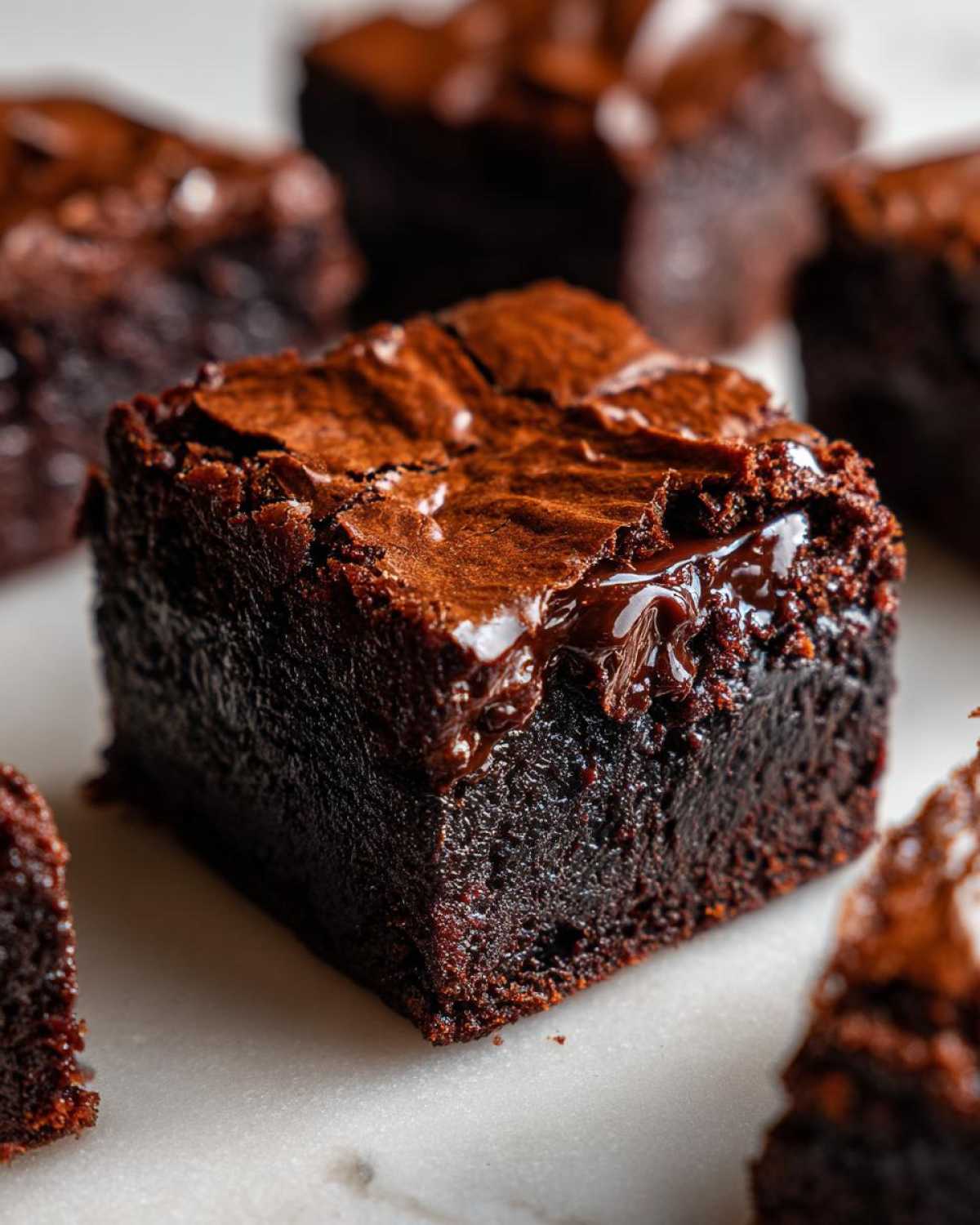A close-up, decadent square of fudgy brownies showing a moist interior and a glossy, cracked top layer.