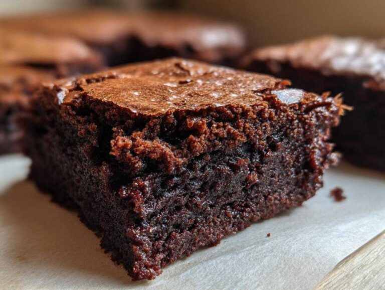 Close-up of a rich, dark chocolate, fudgy brownies square showing a crackly, shiny top crust.