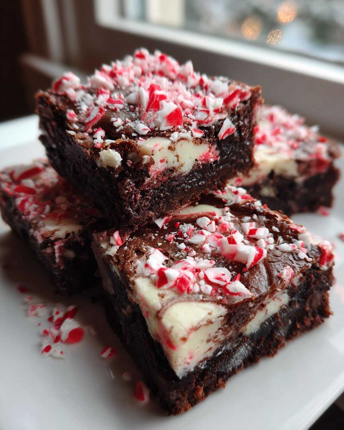 A stack of fudgy candy cane brownies topped with white chocolate swirls and crushed peppermint candy.