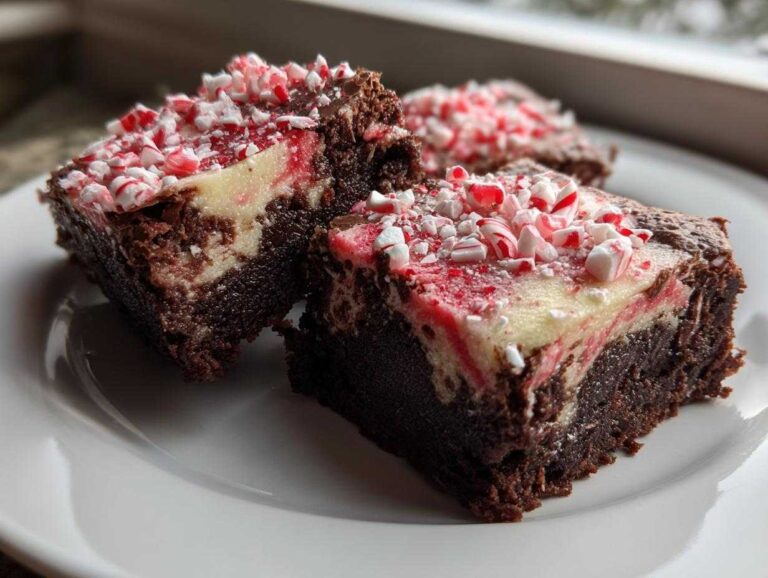 Three squares of fudgy candy cane brownies with a cream cheese swirl and crushed peppermint topping on a white plate.