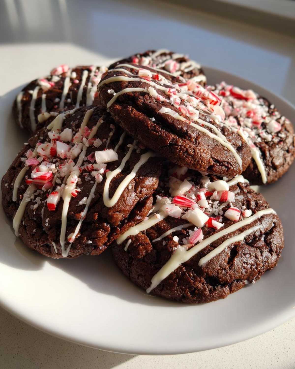 A stack of fudgy double chocolate peppermint cookies drizzled with white chocolate and topped with crushed candy canes.