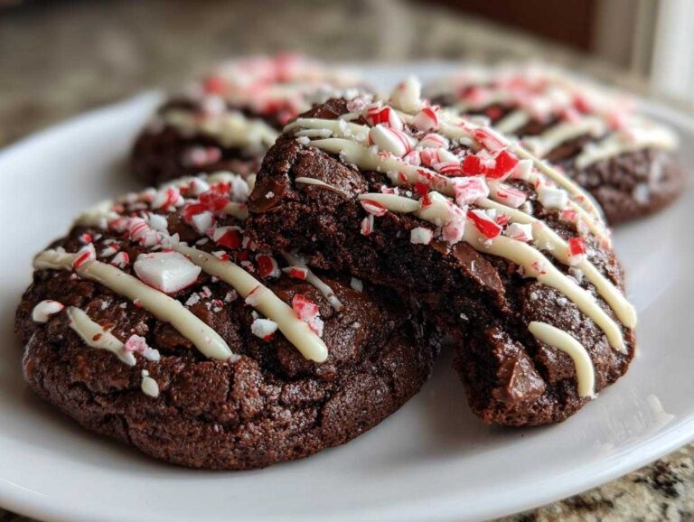 Close-up of fudgy double chocolate peppermint cookies drizzled with white chocolate and topped with crushed candy canes.