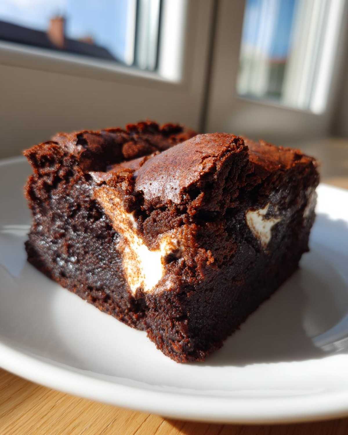 A close-up of a rich, fudgy hot chocolate brownie slice with visible melted marshmallow pieces.