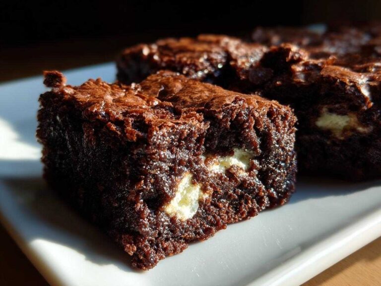 A close-up of a fudgy, dark chocolate hot chocolate brownie square with visible white chocolate chunks.