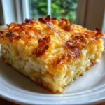 Close-up of a square serving of cheesy funeral potatoes recipe with a crispy, golden-brown topping.