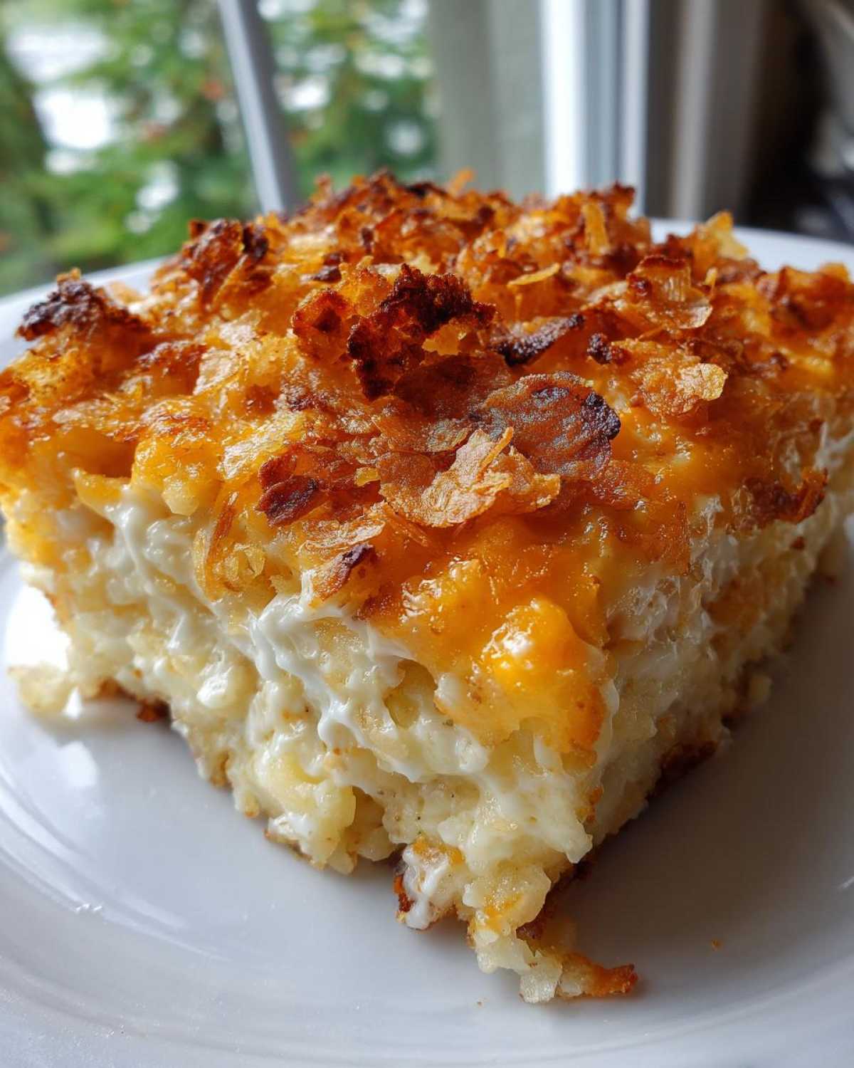 A close-up of a square serving of creamy funeral potatoes recipe topped with melted cheese and crispy cornflakes.