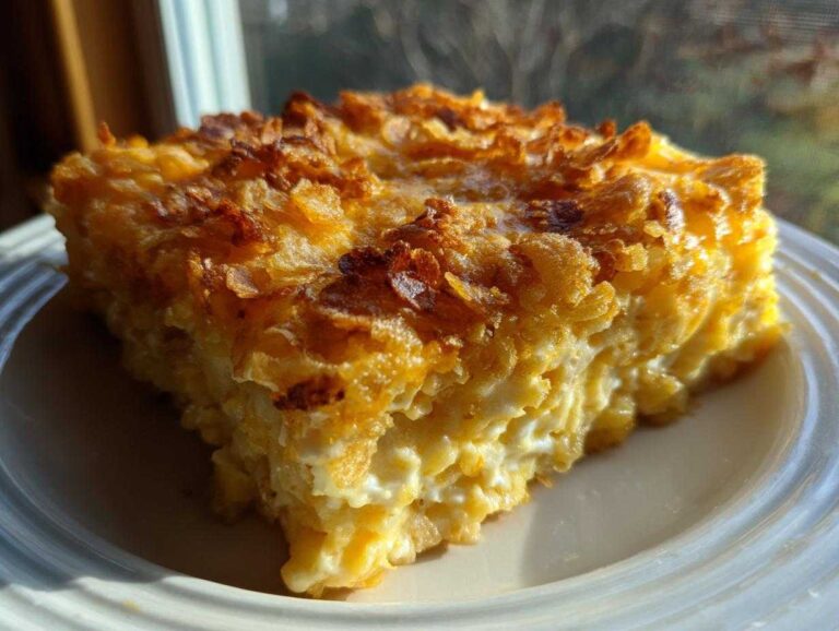 A close-up, sunlit slice of cheesy funeral potatoes recipe with a golden, crunchy cornflake topping.