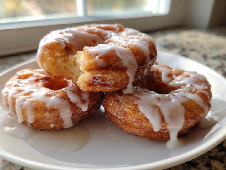 Three golden brown apple fritter donuts stacked on a white plate, heavily drizzled with white glaze.