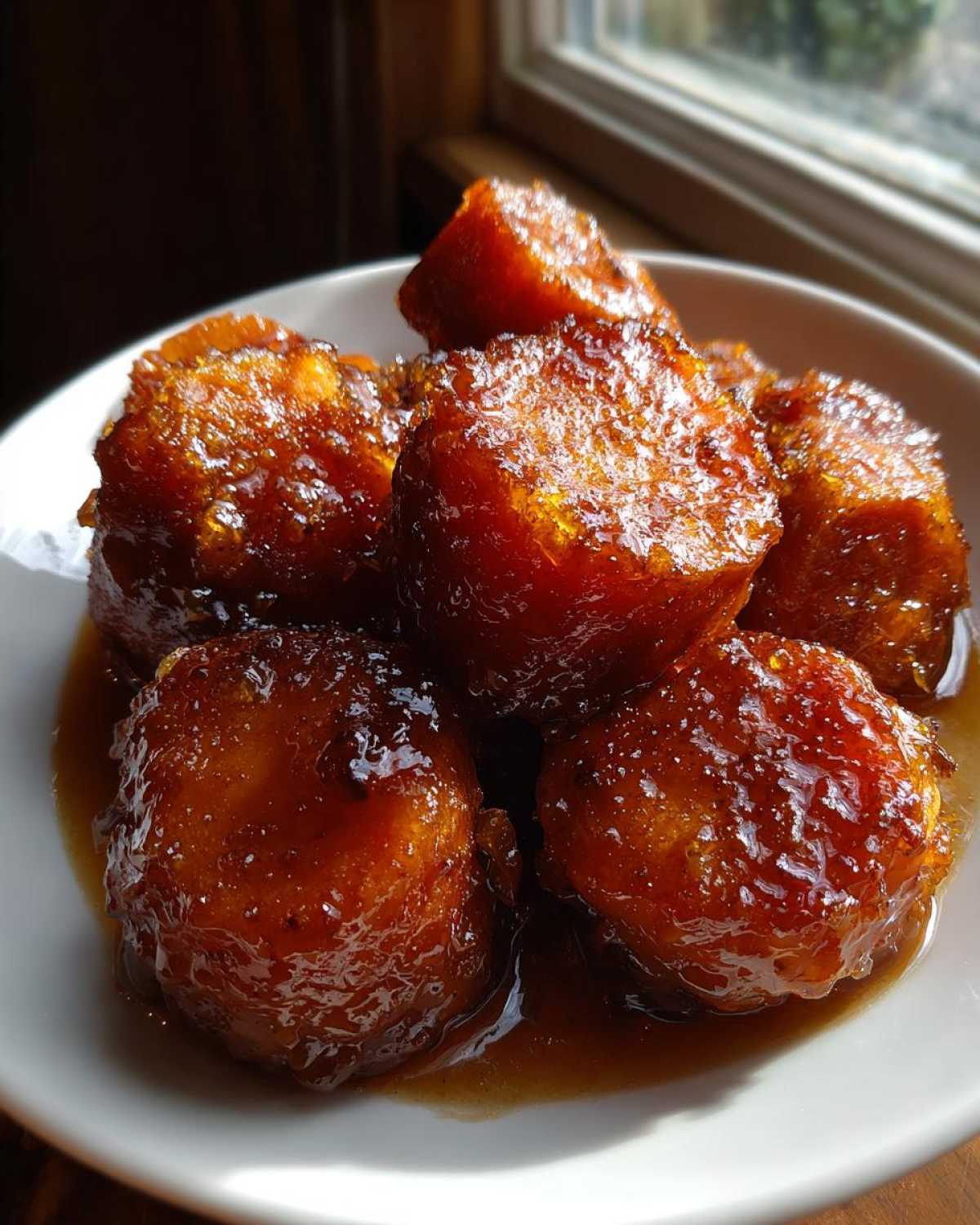 A white bowl filled with rich, glossy candied sweet potatoes swimming in a dark brown syrup.