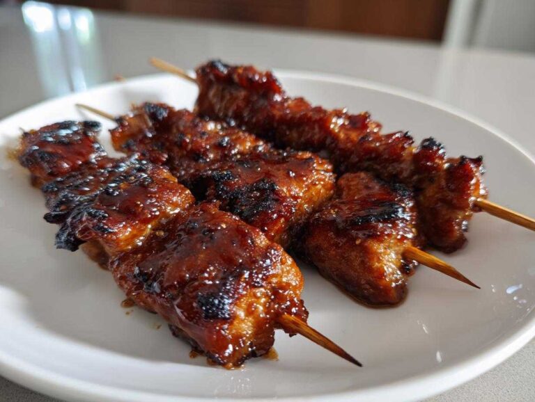 Four glistening, caramelized chicken skewers with a dark, sticky glaze resting on a white plate.