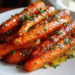 A plate piled high with beautifully glazed roasted carrots, sprinkled with fresh parsley and garlic bits.