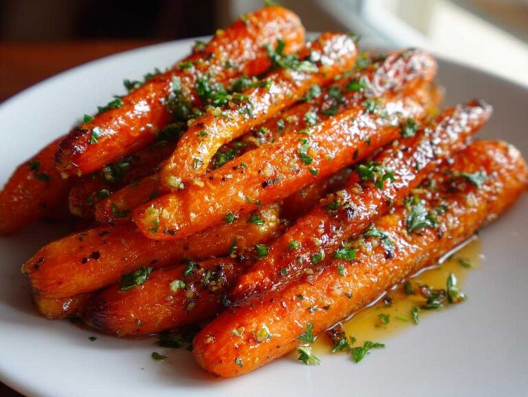 A plate piled high with beautifully glazed roasted carrots, sprinkled with fresh parsley and garlic bits.