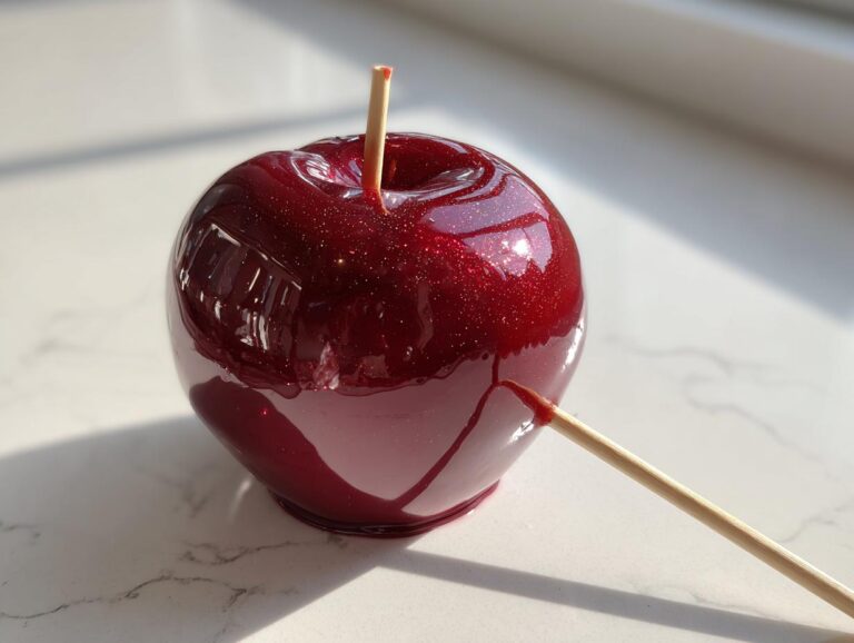 A single, perfectly glossy, deep red candy apple with visible glitter resting on a white marble surface.