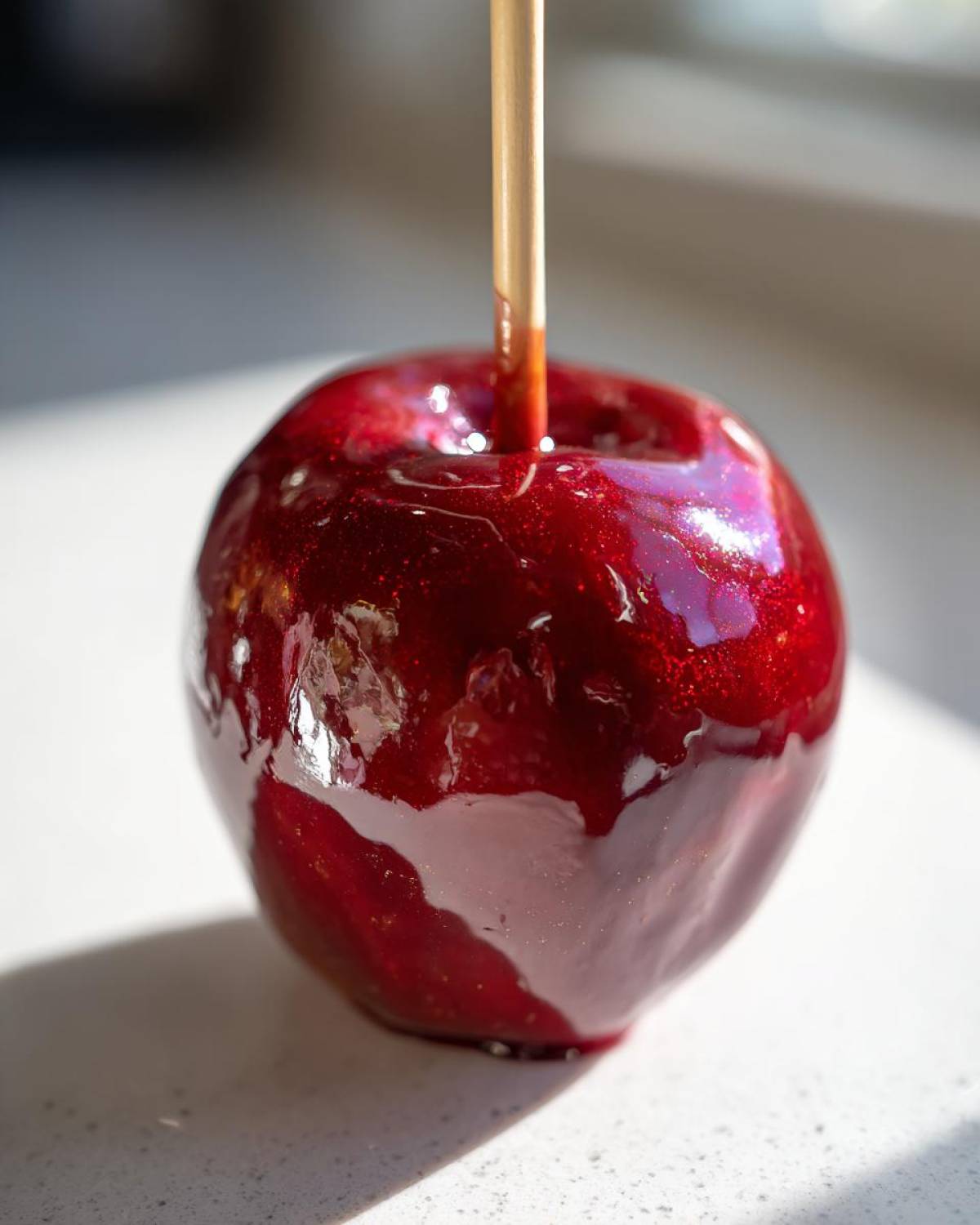 Close-up of a perfectly glossy, deep red candy apple on a stick, catching the sunlight.