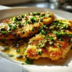 Two golden pan-fried chicken piccata cutlets covered in a bright lemon butter sauce, capers, and fresh parsley.