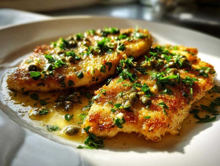 Two golden pan-fried chicken piccata cutlets covered in a bright lemon butter sauce, capers, and fresh parsley.