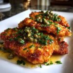 Close-up of three golden, breaded chicken piccata cutlets drizzled with lemon sauce and topped with capers and parsley.