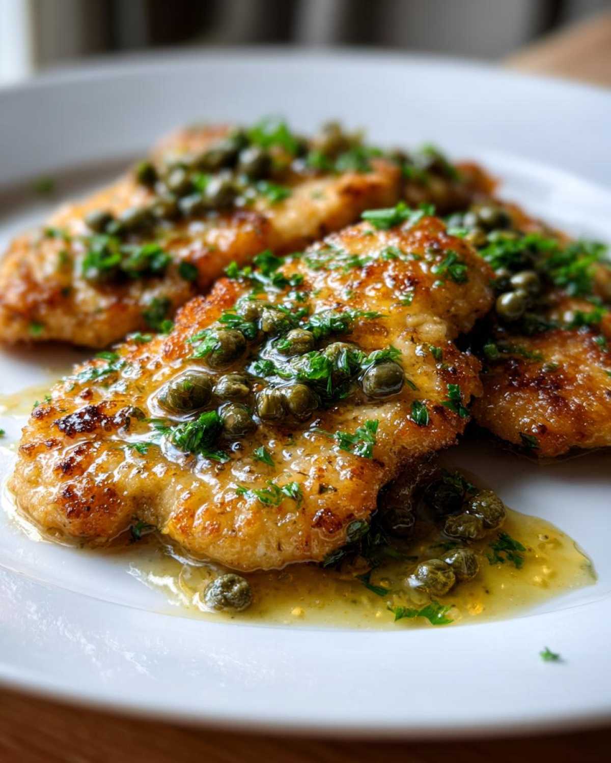 Close-up of pan-seared chicken piccata fillets covered in a bright lemon-butter sauce, capers, and fresh parsley.