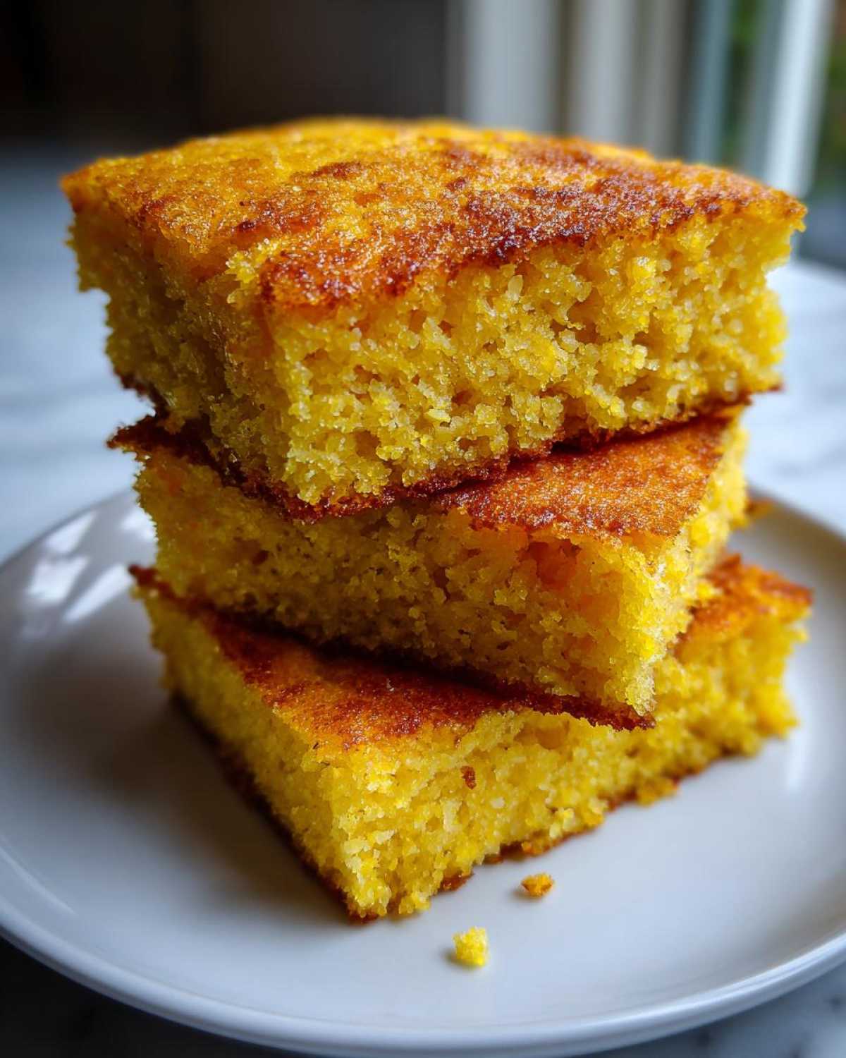 Three golden squares of rich, moist fried cornbread stacked on a white plate.