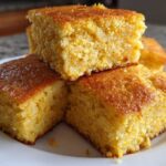 Close-up of three golden squares of moist fried cornbread stacked on a white plate.