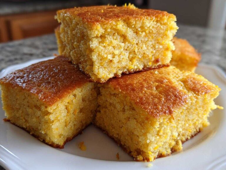 Close-up of three golden squares of moist fried cornbread stacked on a white plate.