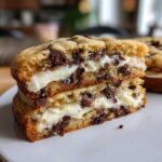 Close-up of a thick slice of chocolate chip cookie cake recipe, cut in half to show creamy white frosting filling.