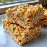 Close-up of gooey peanut butter rice krispie treats stacked on a white plate near a window.