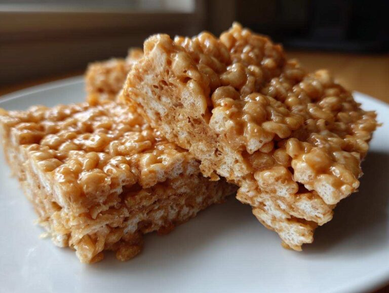 Close-up of two gooey peanut butter rice krispie treats squares stacked slightly on a white plate.