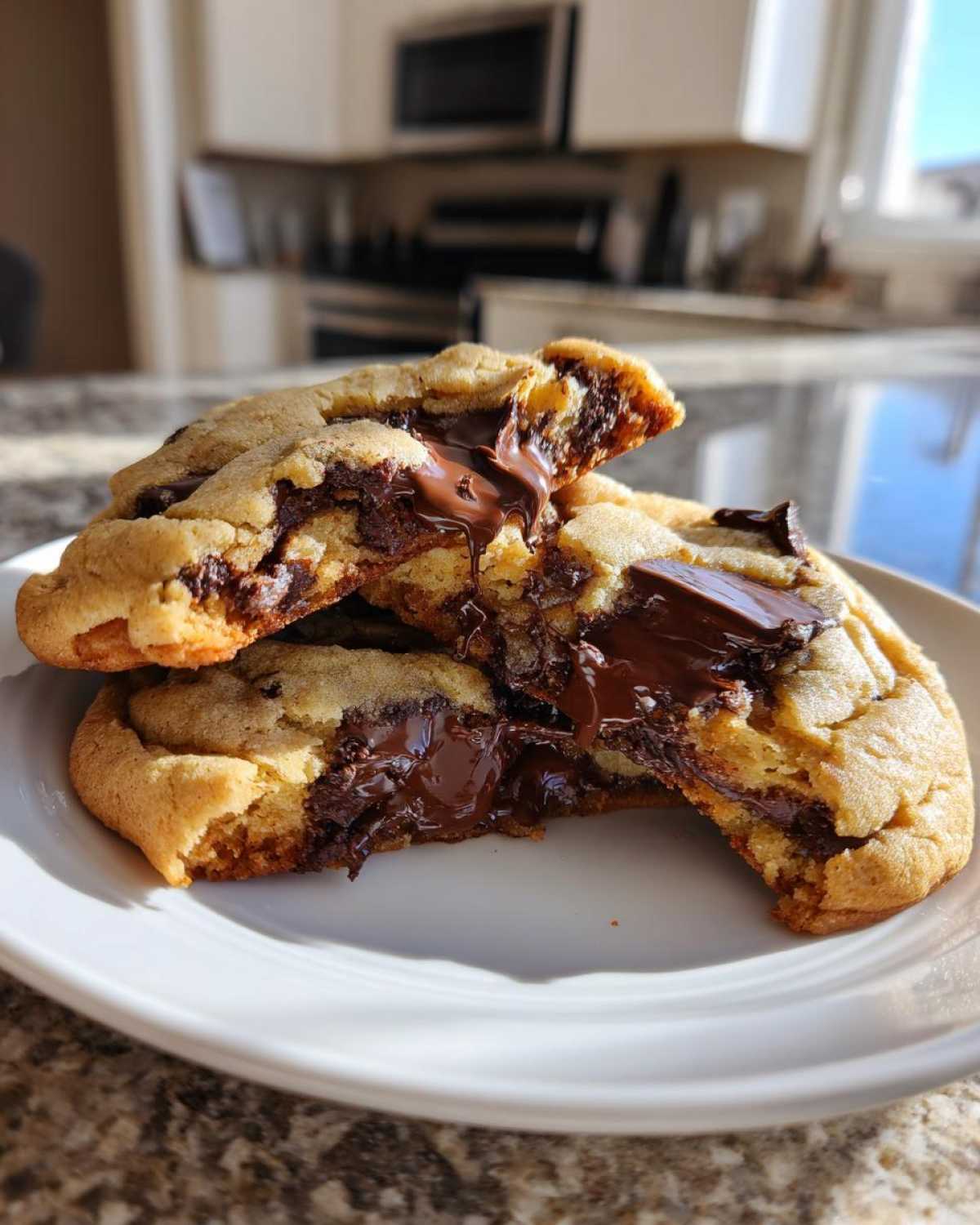 Two halves of warm pudding cookies broken open to show gooey, melted chocolate chips inside.