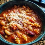 A close-up bowl of rich, tomato-based pasta e fagioli soup featuring rotini pasta, white beans, and topped generously with shredded Parmesan cheese.