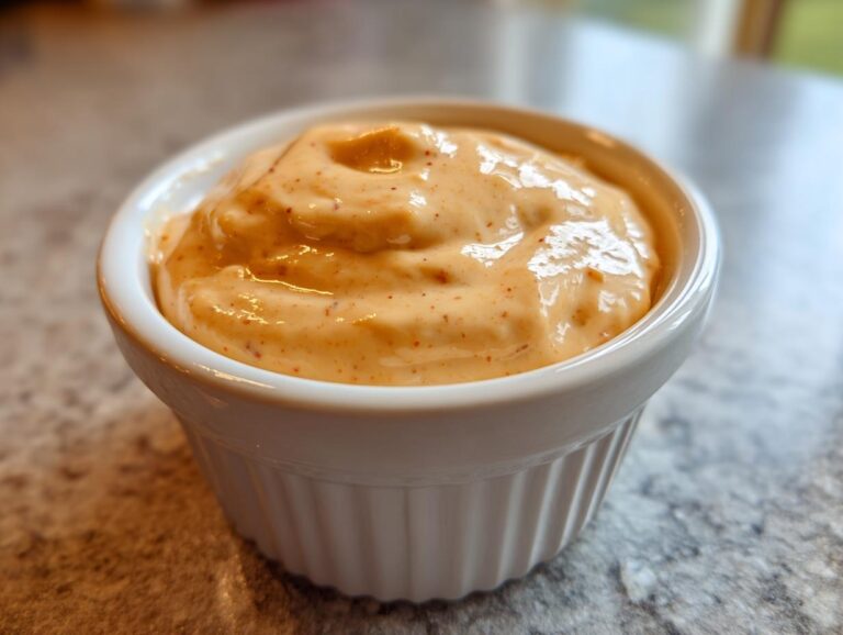 Close-up of creamy, orange-hued homemade big mac sauce served in a small white fluted ramekin.