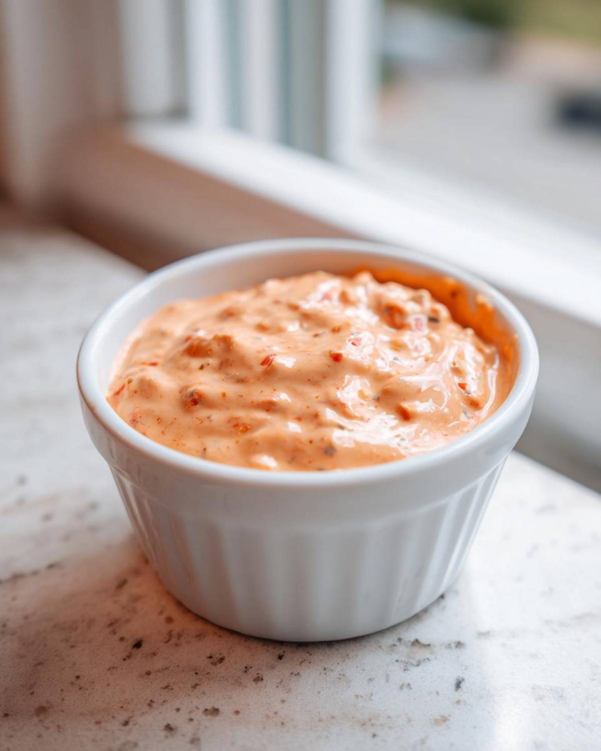 Close-up of creamy orange burger sauce with visible spices in a small white ramekin.