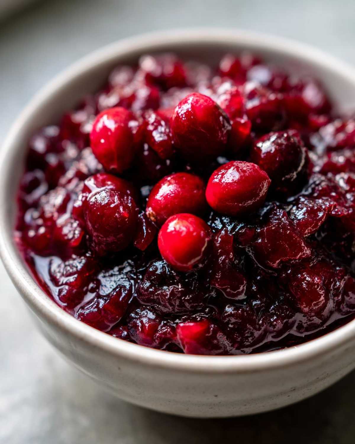 Close-up of rich, dark red homemade cranberry sauce topped with whole, glossy cranberries.
