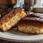 Close-up of homemade twix cookies cut in half showing a thick shortbread base, gooey caramel layer, and chocolate topping.