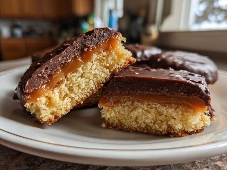 Close-up of homemade twix cookies cut in half showing a thick shortbread base, gooey caramel layer, and chocolate topping.