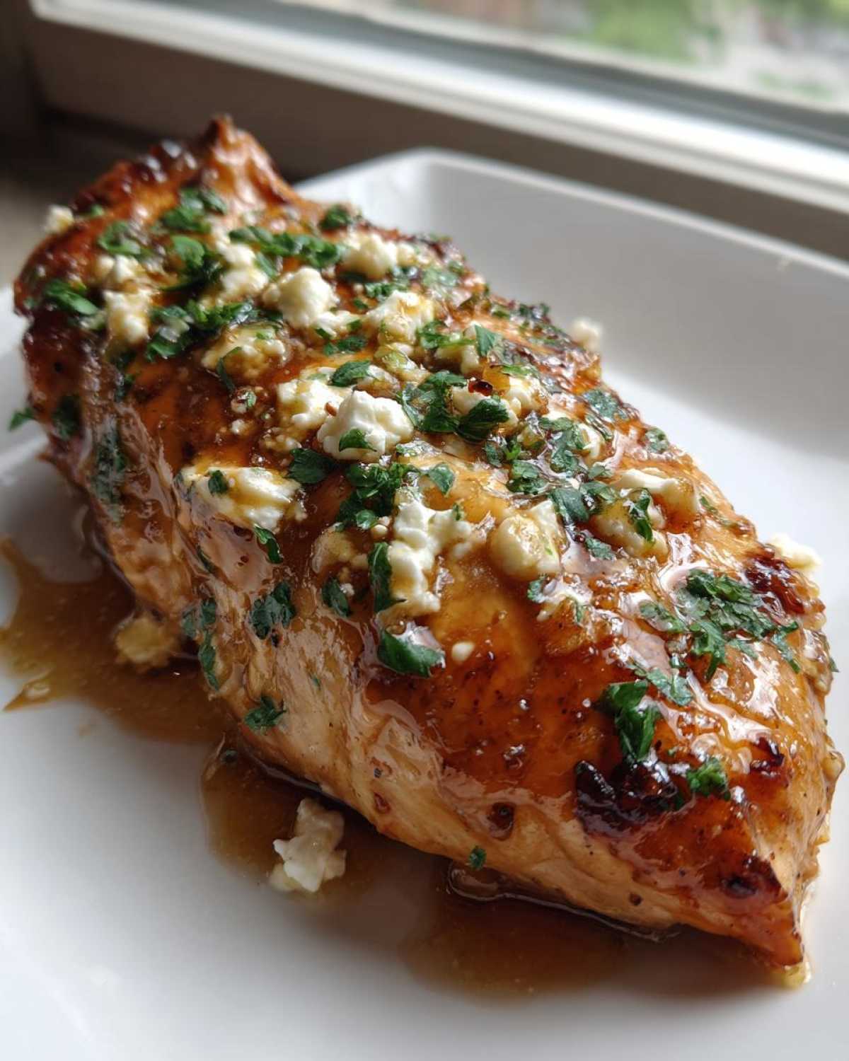 A close-up of a glazed hot honey feta chicken breast topped with crumbled feta and fresh parsley.