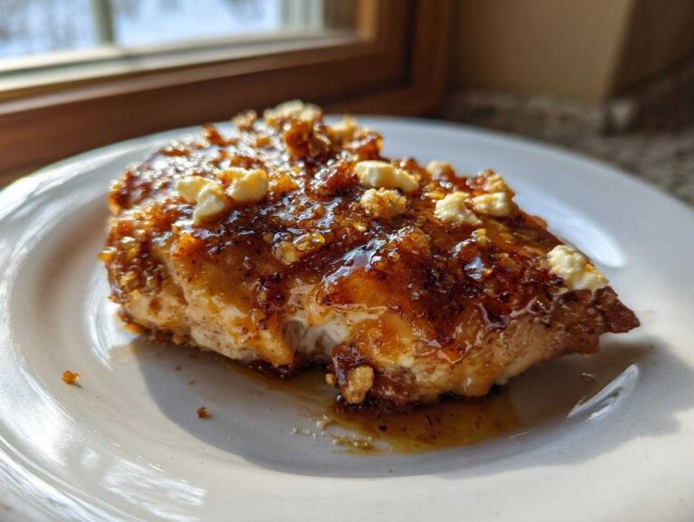 A juicy chicken breast covered in a thick, glossy hot honey glaze and topped with crumbles of feta cheese, served on a white plate.