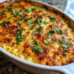 Close-up of hot mexican street corn dip with bubbly, browned cheese topping and fresh cilantro.