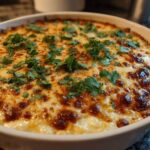 Close-up of a hot mexican street corn dip bubbling with melted, browned cheese and topped with fresh cilantro.