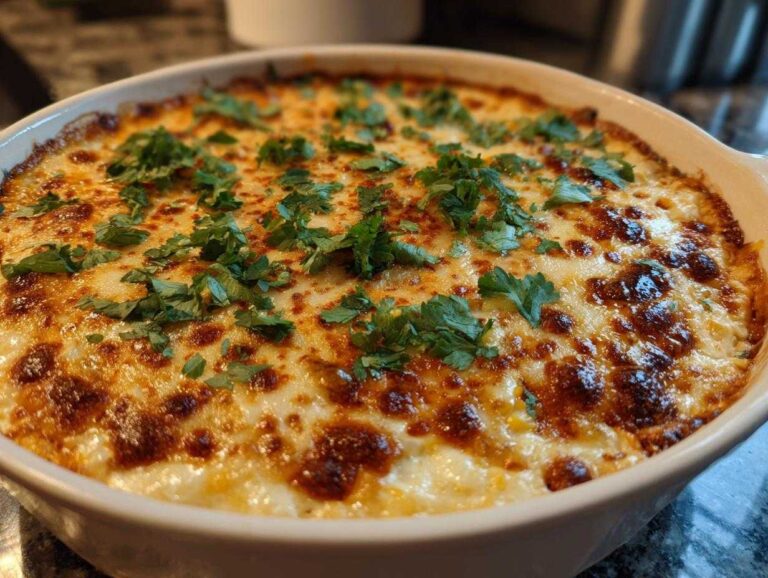 Close-up of a hot mexican street corn dip bubbling with melted, browned cheese and topped with fresh cilantro.