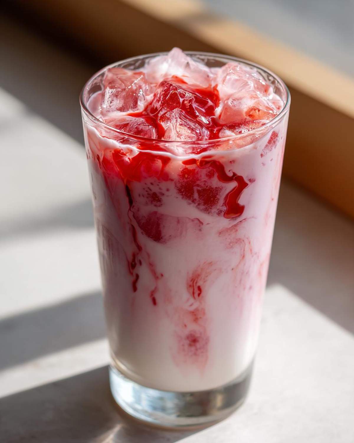 Close-up of a tall glass filled with iced strawberry milk, showing swirls of red syrup mixing with white milk.