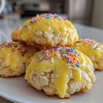 A stack of fluffy Italian ricotta cookies topped with bright yellow lemon glaze and colorful sprinkles.